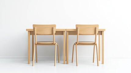 Simple classroom desk and chairs isolated on a white backdrop, highlighting the basic furniture used in schools
