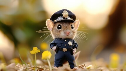 Small animal in a police officer uniform and hat, posing as a miniature guardian of the law in this endearing shot