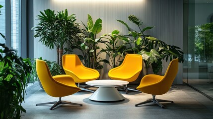 Fototapeta premium Chic Office Poster: Sculptural Yellow Chairs and Minimalist Furniture Illuminate a Sophisticated Space Surrounded by Verdant Plants and Soft Lighting