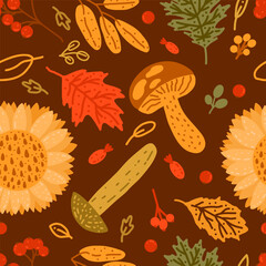 Autumn vector seamless pattern with mushrooms, sunflowers, leaves, berries for printing, design, sale, banner