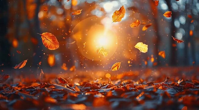 orange leaves swirl in the air and fall to the ground in rays of golden sunlight. Warm tones and soft lighting create an atmosphere of coziness and beauty in the autumn forest.