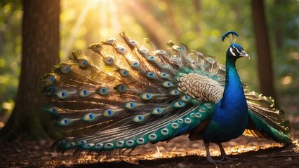 Obraz premium Elegant peacock displaying vibrant feathers in a forest clearing, sunlight filtering through