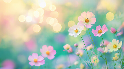 summer flowers on Blurred background with soft pastel colors, bokeh effect, pink green yellow white