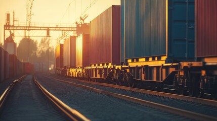Obraz premium Train hauling a container along the railway, emphasizing the role of trains in freight transportation and logistics