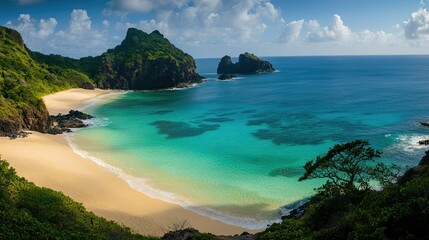 Fototapeta premium A serene view of a beach in Fernando de Noronha, with turquoise waters, white sand, and rocky cliffs.