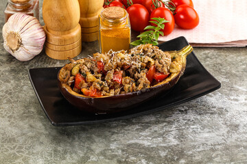 Baked eggplant stuffed meat and tomato