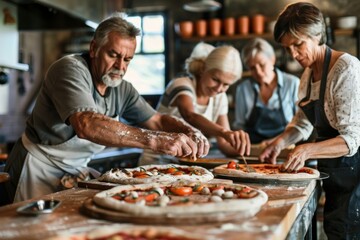 Middle-Aged Group Enjoying a Home Cooking Class Making Homemade Pizza