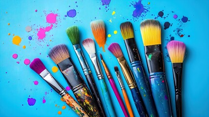 Vibrant Paintbrushes and Colorful Splatters on Bright Blue Canvas: Perfect Poster for Artistic Spaces and Creative Interiors