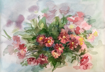 Still life with pink flowers. A picturesque still life with pink flowers, made with watercolor paints. A bouquet of pink flowers with green foliage. Watercolour.