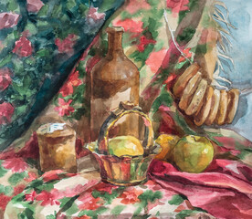 Still life with dishes, fruits and cakes on the background of colorful handkerchiefs. Watercolour.