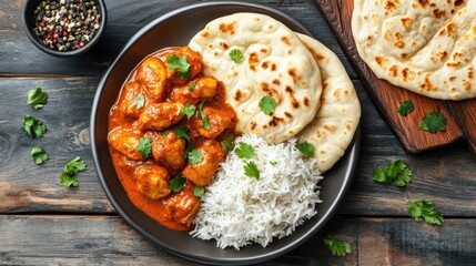 A top view of a plate of Indian butter chicken served with naan and rice, garnished with coriander.