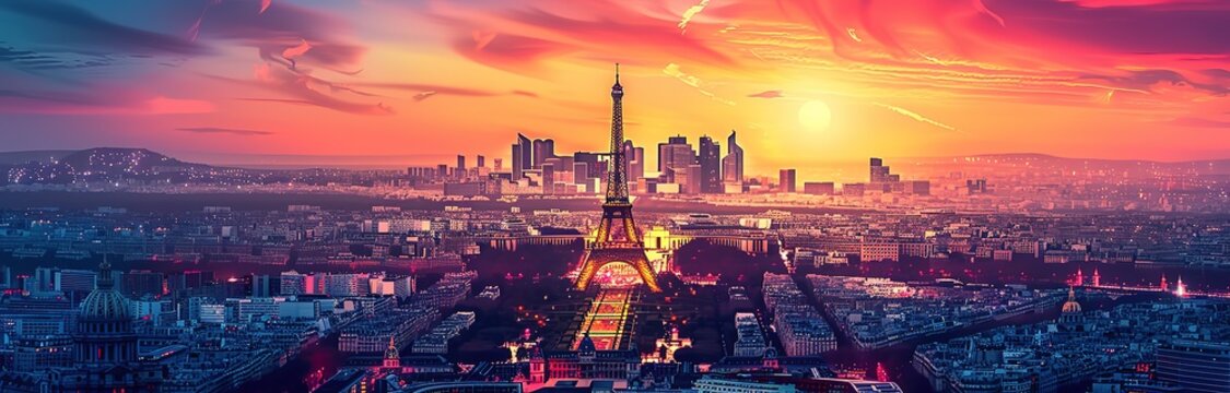 A cityscape with the Eiffel Tower in the foreground