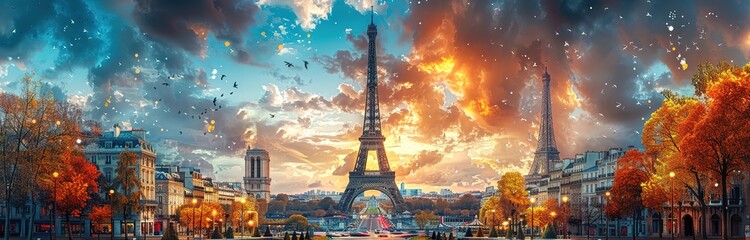 A beautiful Parisian cityscape with the Eiffel Tower in the center