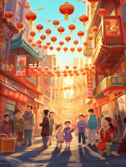 Naklejka premium Families Enjoying a Lantern Festival on a Bustling Chinese Street