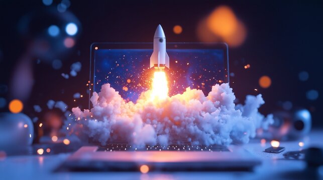 A 3D render of a space rocket launching out of a laptop screen, with flames and smoke billowing from the rocket’s engines, symbolizing a high-tech and explosive start