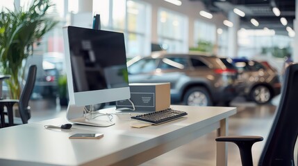 A white desk with a computer, keyboard, mouse, and a cell phone, with a black office chair in the foreground, and a blurred out view of cars behind a glass partition in the background.