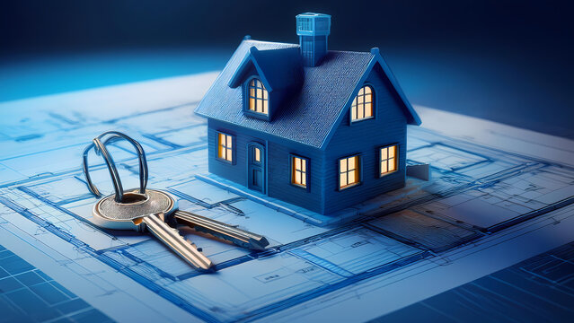 The close up conceptual image of a tiny architectural house 3d model isolated on a blueprint or layout plan design with keys.