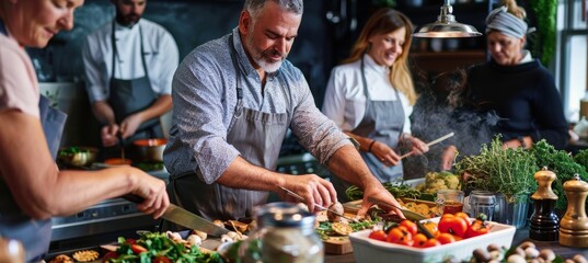 Middle Aged Friends in Lively Cooking Class Creating Festive Appetizers with Professional Chef Guidance