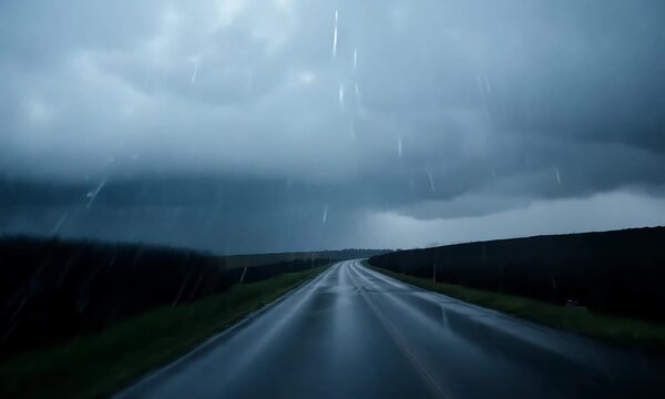 A dark, wet road stretches out into a stormy sky, with a funnel cloud visible in the distance.