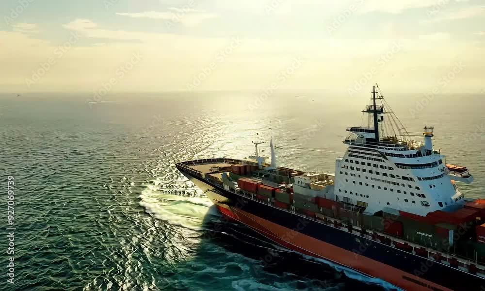 Poster a large cargo ship sails through the calm waters of the ocean, creating a wake behind it. the sky is