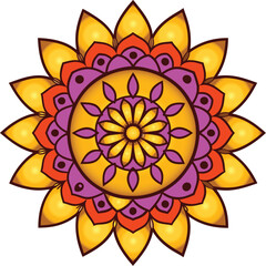 a yellow flower with purple and mandala designs on it.