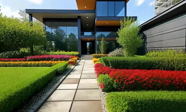 A modern home with a landscaped backyard featuring a stone pathway, rust-colored planter boxes, lush green lawn, and blooming flowers.