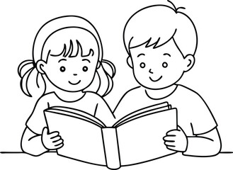 Little boy and little girl reading book 