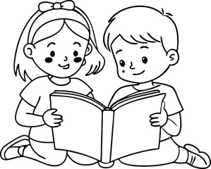 Little boy and little girl reading book 