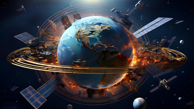 3D illustration of a cluster of space debris and satellites surrounding planet Earth. High quality digital space art in 8K - ultra realistic visualization.