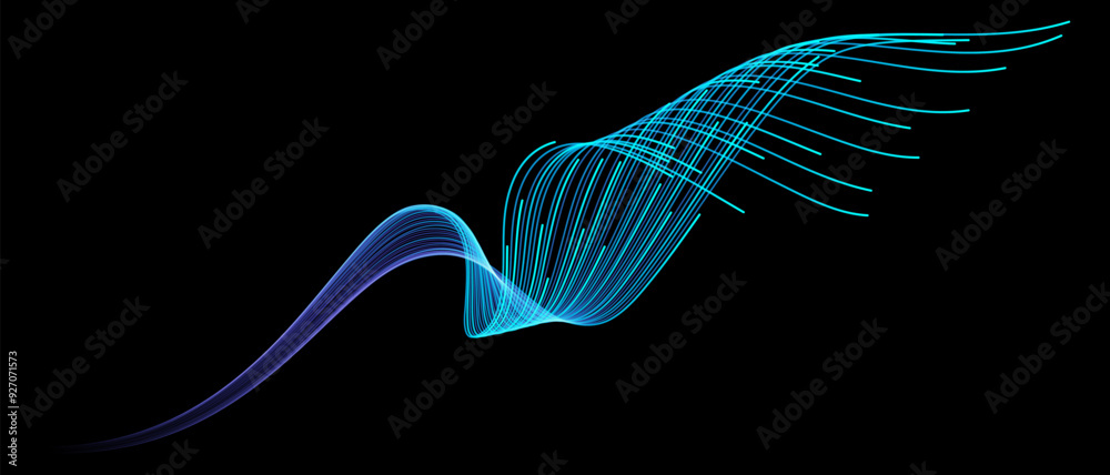 Poster Vector abstract light lines wavy flowing dynamic in blue green colors isolated on black background for concept of AI technology, digital, communication, 5G, science, music