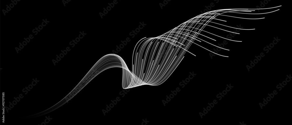 Aufkleber Vector abstract light lines wavy flowing dynamic in white grey gradient isolated on black background for concept of AI technology, digital, communication, 5G, science, music