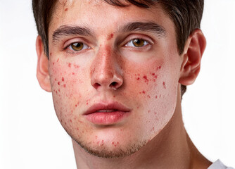 Obraz premium A portrait close-up photography of an American European man with severe acnes on face, disease monkeypox, visible redness and inflammation, isolated on a white background, surface detail