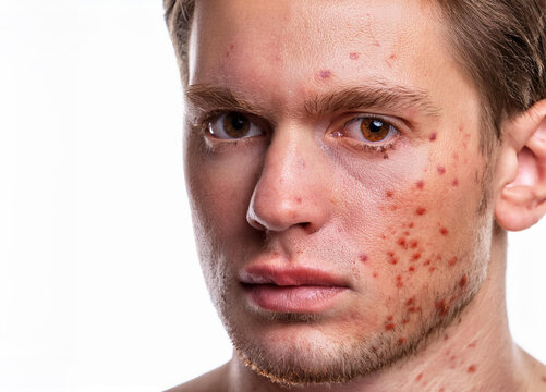 A portrait close-up of an American European man with severe acnes on face, disease monkeypox, visible redness and inflammation, isolated on a white background, surface detail, photography