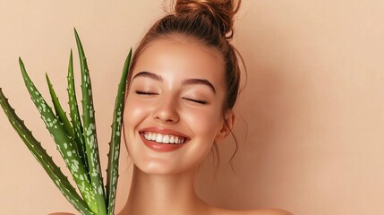 Naklejka premium Radiant young woman joyfully poses with a succulent plant against a neutral backdrop.