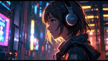 a anime girl  with headset  vibe to music cyberpunk, fantasy, futuristic background, Ai Generated