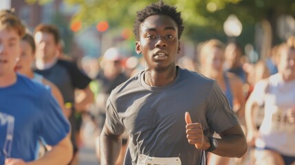 Runner Participating in 5K Race Amidst Crowd on Sunny Day for Fitness and Determination Concept