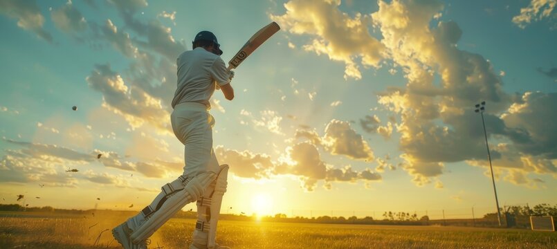 Intense Evening Cricket Match: Player Batting at Sunset on Local Field - Ideal for Sports Design