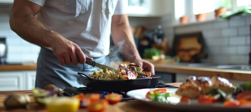 Healthy Meal Preparation: Man Cooking Grilled Chicken, Quinoa, and Vegetables in a Modern Kitchen - Powered by Adobe
