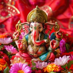 Obraz premium colorful lord ganesha statue on red background