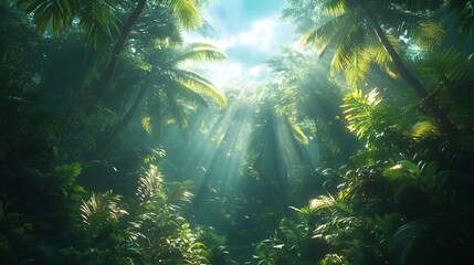 Obraz premium Sunlight rays pierce through a dense tropical rainforest canopy.