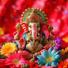 colorful lord ganesha statue on red background