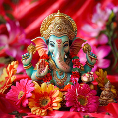 colorful lord ganesha statue on red background