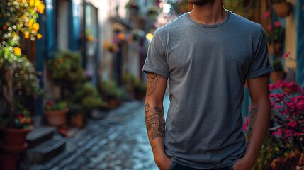 Man in grey t-shirt mockup, front view, blurred street background, bokeh effect, natural lighting, bright colors, focus on the shirt.