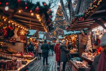 Naklejka premium Lively Christmas Market with Holiday Decor, Lights, and Festive Stalls in Bustling City Center