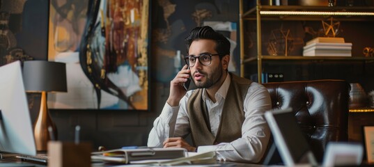 Obraz premium Professional Man in Stylish Office Talking on Phone for Business Concept and Modern Workspace Background