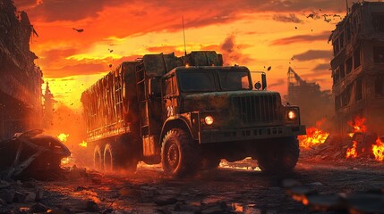 Fototapeta premium Epic Military Truck Journey Through a Ravaged Urban Landscape at Sunset: Perfect Poster for Sports and Adventurous Interiors