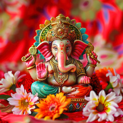 Fototapeta premium colorful lord ganesha statue on red background