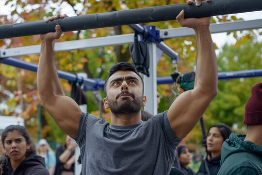 Outdoor Fitness Challenge: Man Attempting Pull Up with Enthusiastic Onlookers at Urban Park