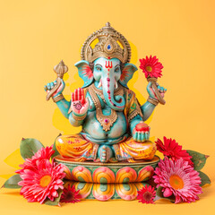 Colorful lord ganesha sculpture on yellow background