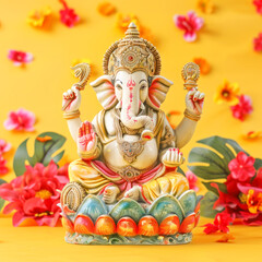 Colorful lord ganesha sculpture on yellow background